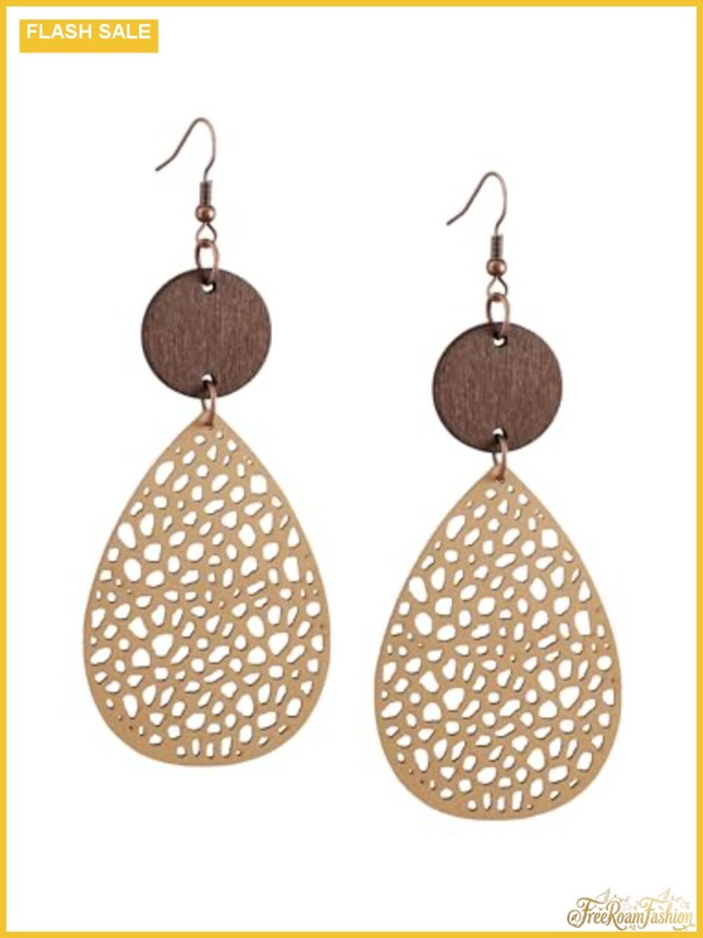 Faux Leather Wood Disc Teardrop Dangle Earrings Boho Chic French Wire